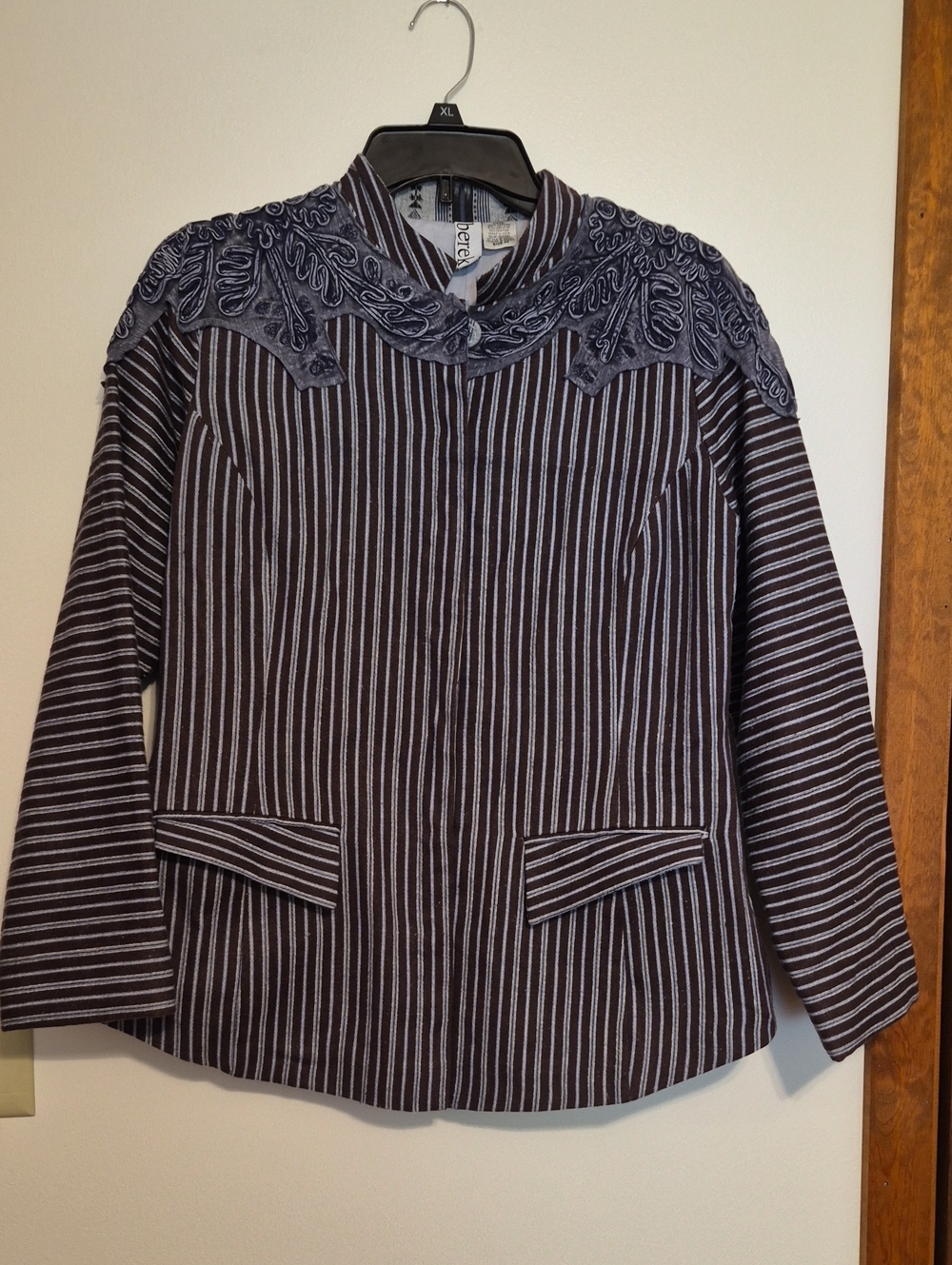 Berek Brown and Gray Pinstriped Embroidered Yoke Blazer SZ M